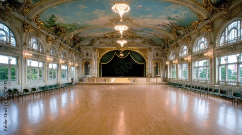 Wallpaper Mural Grand Ballroom  Elegant Stage  Gold Decor   Ornate Interior   Large Windows   Luxury Venue Torontodigital.ca