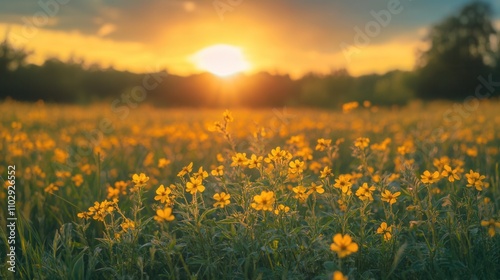 Golden sunset over meadow filled with blooming yellow flowers creating warm atmospheric landscape