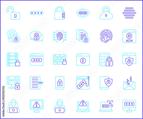 Set of Cyber Attack Icons line style.Contains such Icons as cyber security, bug, protection, virus, hacking, bug, antivirus, cyber lock, network, spam, spy And Other Elements.
