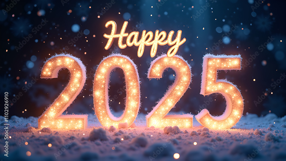 Happy New Year 2025 with snow and lights. Festive winter holiday concept.