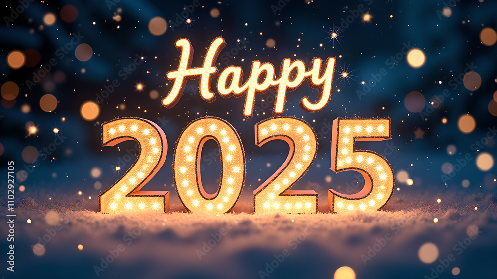 Happy New Year 2025 with glowing lights. Concept of celebration, holiday, and winter. Happy New Year 2025 with glowing lights. Concept of celebration, holiday, and winter.