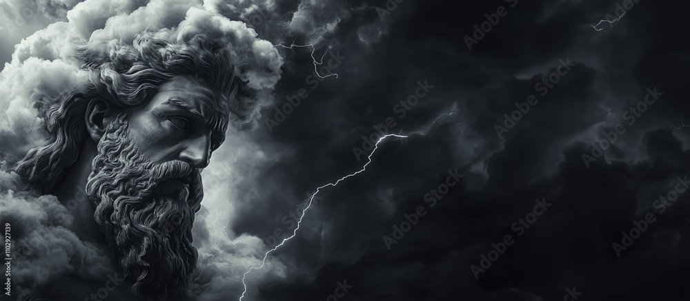 Banner with free space for text, greek god Zeus with dark clouds around Banner with free space for text, greek god Zeus with dark clouds around