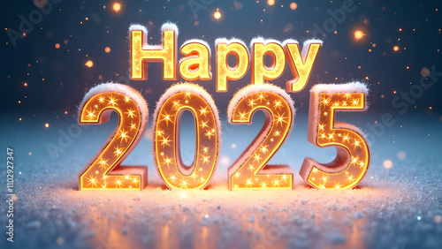 Happy New Year 2025 with snow and lights. Festive winter celebration concept.