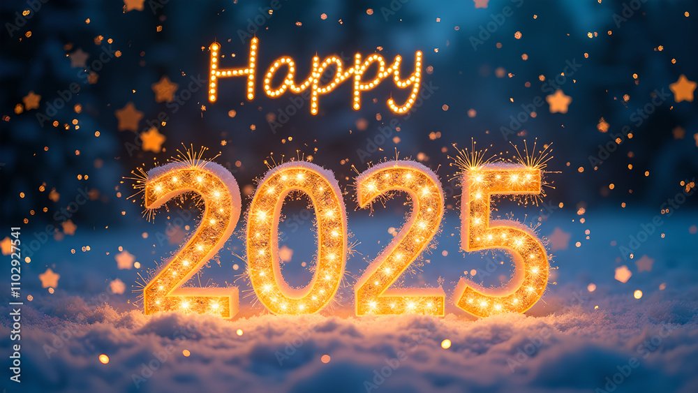 Happy New Year 2025 with sparkling lights in snow. Concept of celebration, winter holidays, and new beginnings. Happy New Year 2025 with sparkling lights in snow. Concept of celebration, winter holidays, and new beginnings.