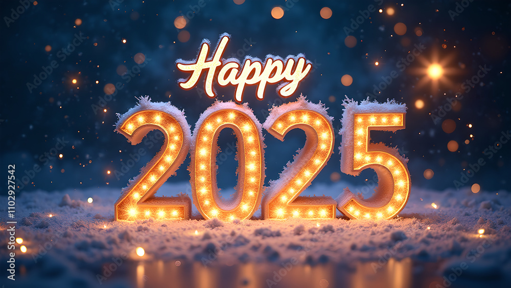 Happy New Year 2025 with snow and lights. Festive celebration concept. Happy New Year 2025 with snow and lights. Festive celebration concept.