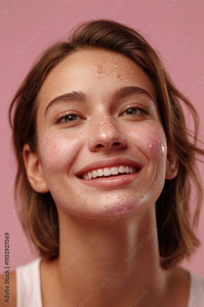A close-up shot of a happy woman over a pink background A close-up shot of a happy woman over a pink background