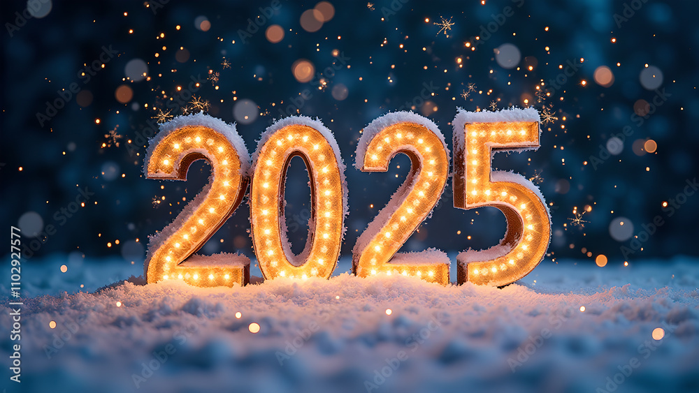 2025 New Year's Eve in the snow. Concept of celebration, hope, and new beginnings. 2025 New Year's Eve in the snow. Concept of celebration, hope, and new beginnings.
