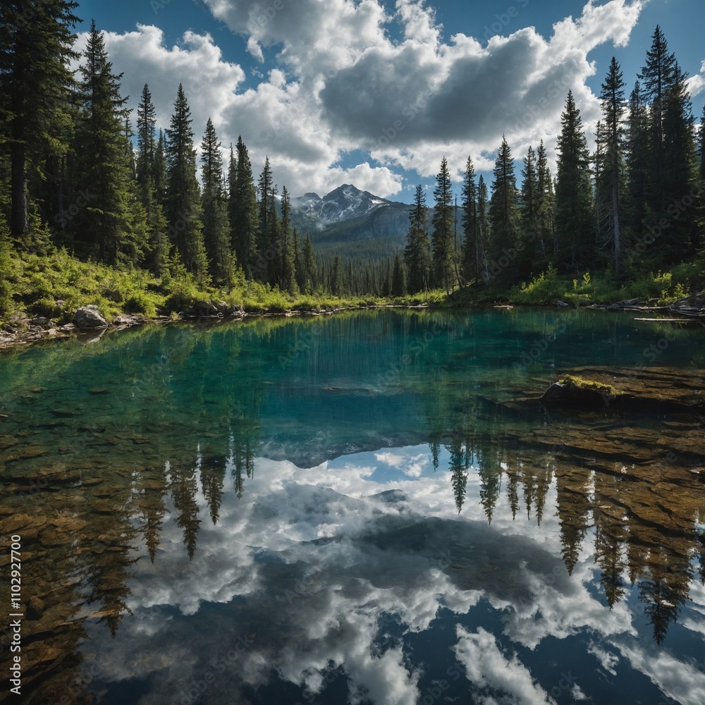 A peaceful mountain forest scene with a crystal-clear pond reflecting the sky. A peaceful mountain forest scene with a crystal-clear pond reflecting the sky.