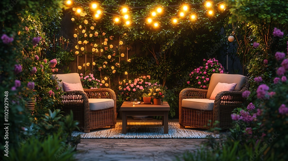 A cozy garden patio with comfortable wicker chairs adorned with soft cushions, string lights glowing warmly overhead, surrounded by vibrant blooming flowers and lush greenery, A cozy garden patio with comfortable wicker chairs adorned with soft cushions, string lights glowing warmly overhead, surrounded by vibrant blooming flowers and lush greenery,
