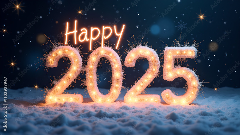 Happy New Year 2025 with snow and lights. Concept of celebration, winter holidays, and new beginnings. Happy New Year 2025 with snow and lights. Concept of celebration, winter holidays, and new beginnings.