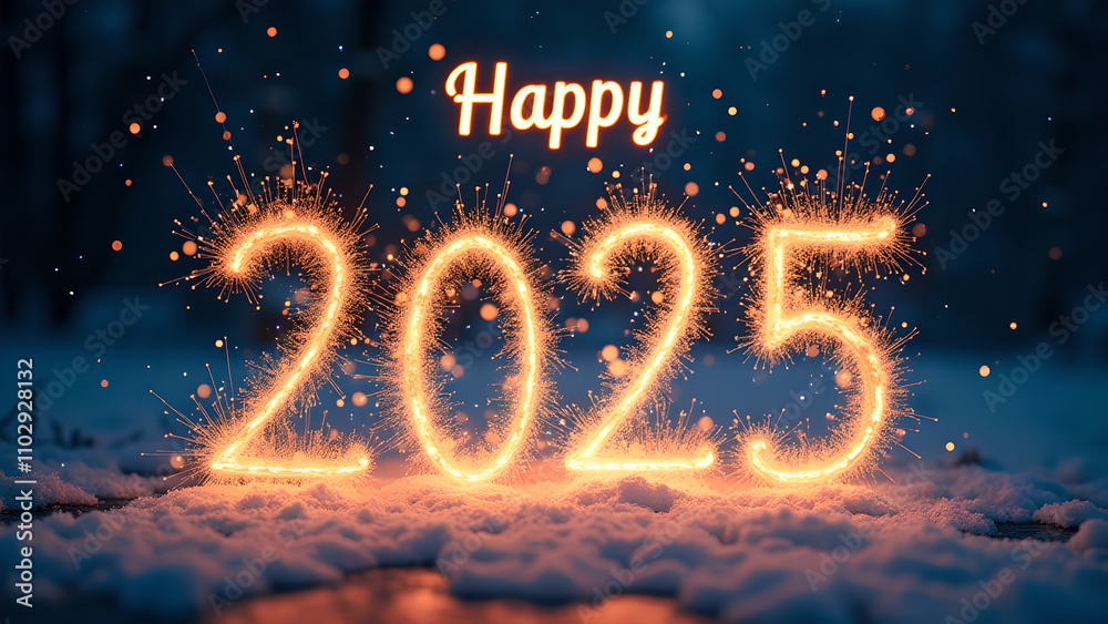 Happy New Year 2025 Sparkler Celebration in Snow. Concept of winter holidays, new beginnings, and celebration. Happy New Year 2025 Sparkler Celebration in Snow. Concept of winter holidays, new beginnings, and celebration.