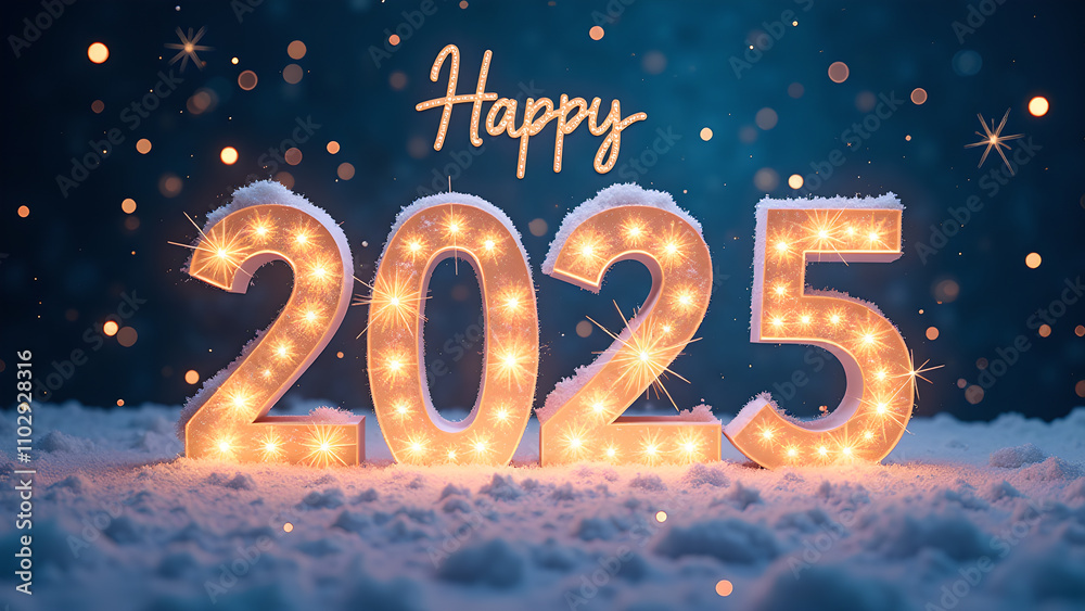 Happy New Year 2025 with snow and lights. Festive winter holiday concept. Happy New Year 2025 with snow and lights. Festive winter holiday concept.