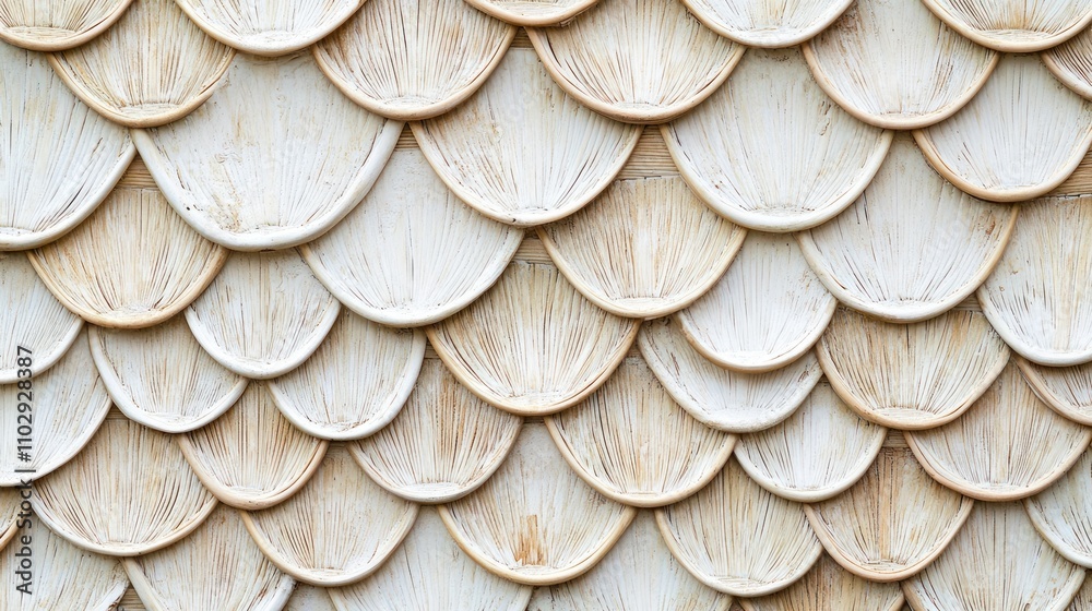 Fototapeta premium Decorative wall featuring overlapping scalloped patterns in a light color.