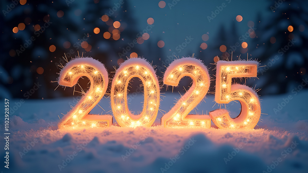 2025 illuminated letters in snow. Concept of New Year, celebration, and winter holidays. 2025 illuminated letters in snow. Concept of New Year, celebration, and winter holidays.