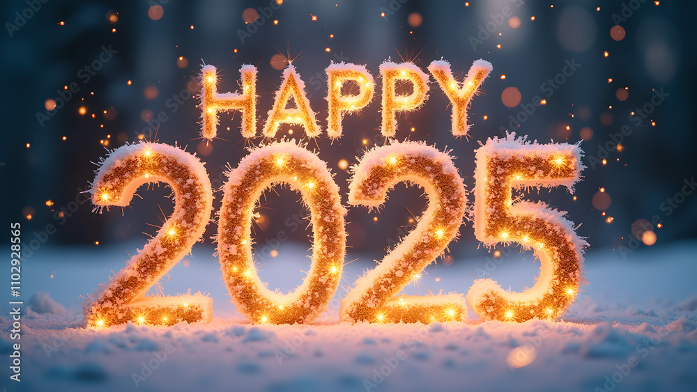Happy New Year 2025 Snow Glowing Numbers. Concept of celebration, winter holidays, and new beginnings.
