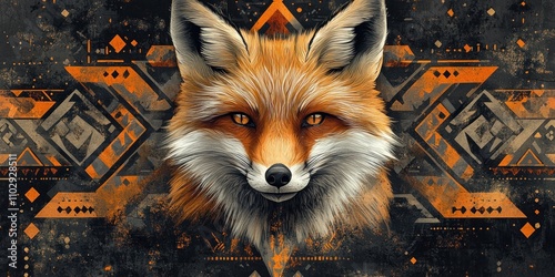 A Red Fox Portrait Against Geometric Tribal Art photo