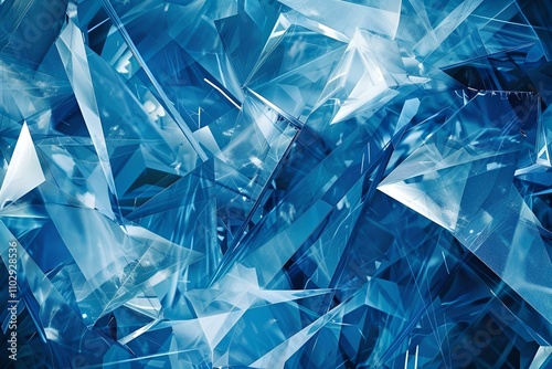 Dynamic abstract polygonal design with deep and light blue tones, creating a layered, crystalline effect with sharp edges and smooth transitions