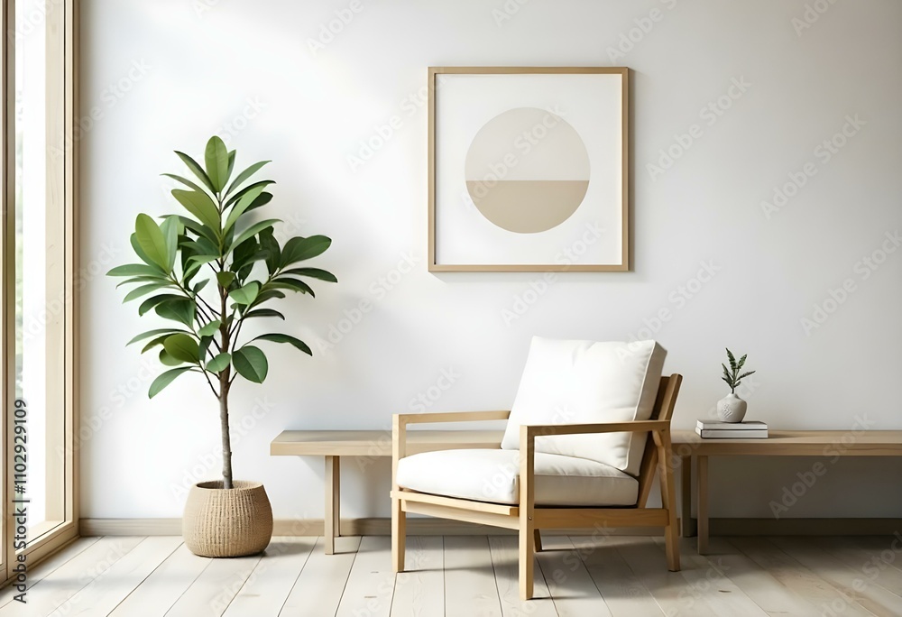 A minimalist living room with a wooden armchair, a potted plant, and a framed circular artwork on the wall A minimalist living room with a wooden armchair, a potted plant, and a framed circular artwork on the wall
