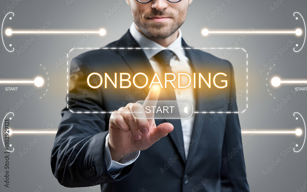Businessman Starts New Journey: A confident businessman in a suit, pressing a Businessman Starts New Journey: A confident businessman in a suit, pressing a