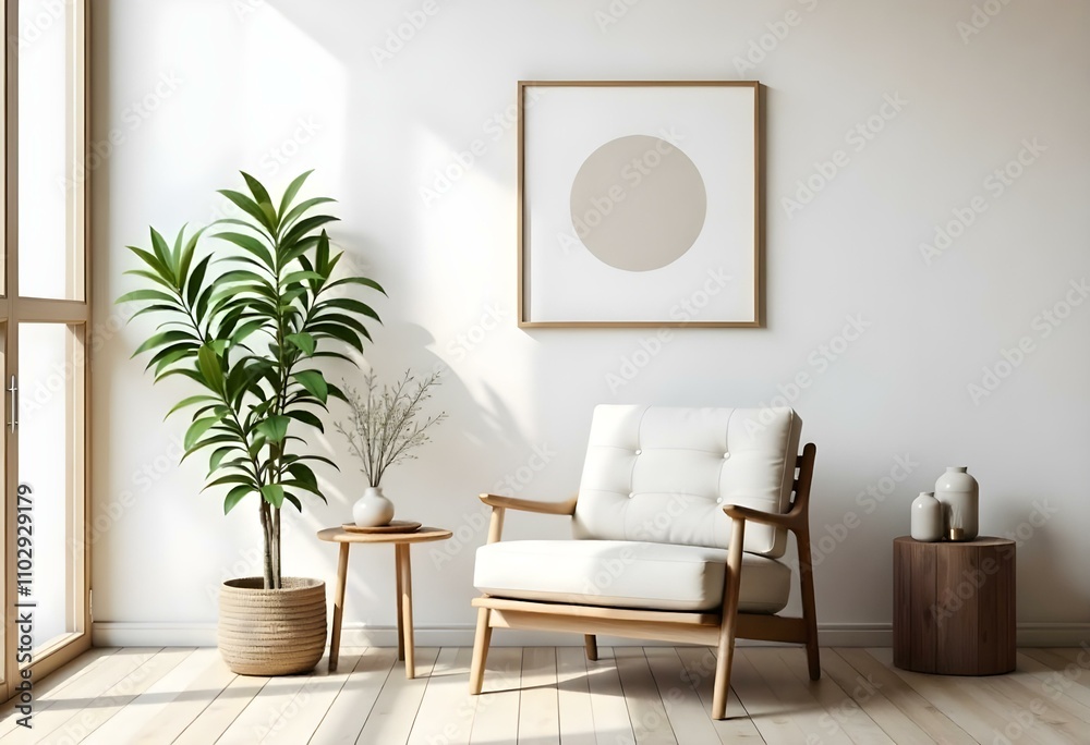 A minimalist living room with a wooden armchair, a potted plant, and a framed circular artwork on the wall A minimalist living room with a wooden armchair, a potted plant, and a framed circular artwork on the wall
