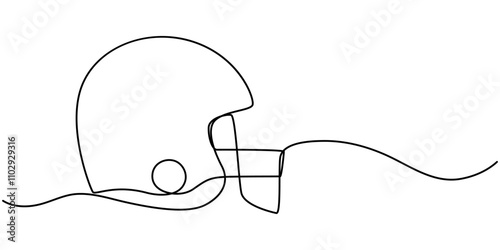American football helmet and ball continuous line drawing element isolated on white background for decorative element. Vector illustration of gridiron in trendy outline style, Single continuous line