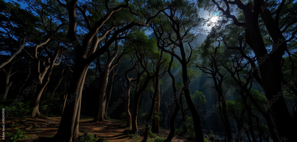 Moonlit serenity in the heart of the Western Ghats, where a mystical forest trail unwinds beneath a tapestry of towering, ancient trees, their gnarled branches a silvery hue in the soft. Moonlit serenity in the heart of the Western Ghats, where a mystical forest trail unwinds beneath a tapestry of towering, ancient trees, their gnarled branches a silvery hue in the soft.