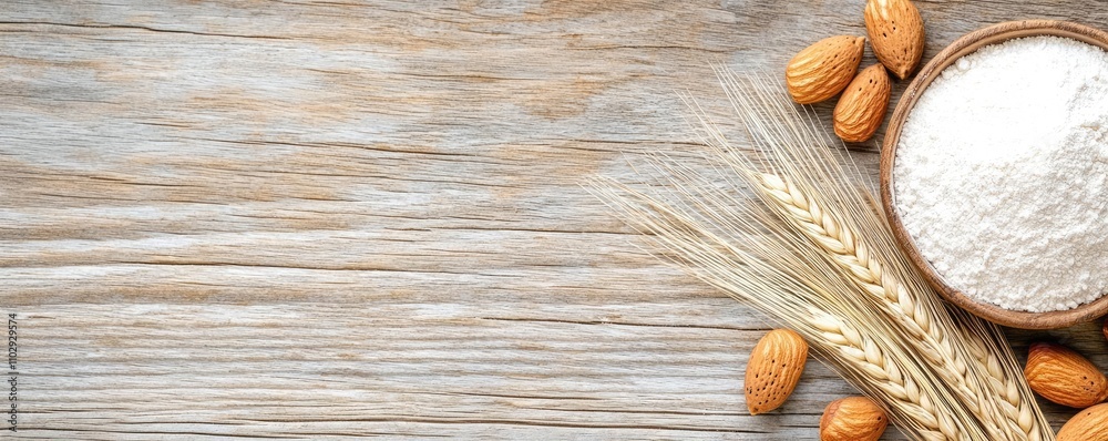 Almonds, flour, and wheat on rustic wooden background, natural ingredients. Almonds, flour, and wheat on rustic wooden background, natural ingredients.