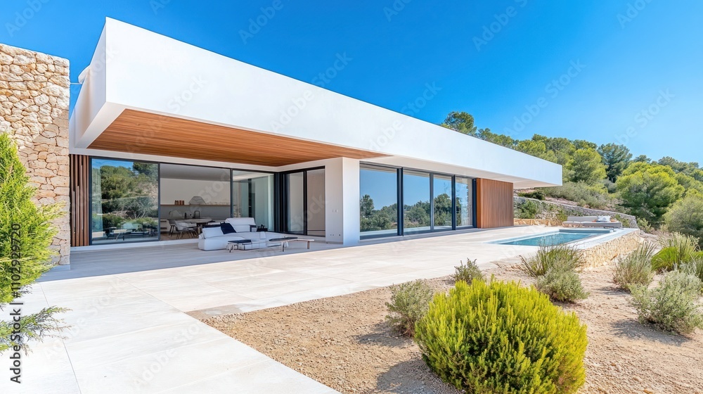 Modern house with a pool, surrounded by greenery and clear blue skies. Modern house with a pool, surrounded by greenery and clear blue skies.