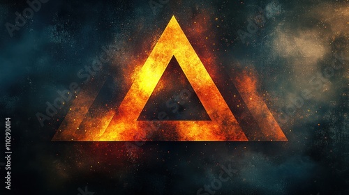 A fiery triangular design against a dark, cosmic background, evoking energy and depth.