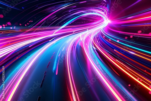 Neon glow lines racing across a dark background, creating a high-speed, abstract technology scene with vibrant, dynamic colors and sharp, energetic patterns