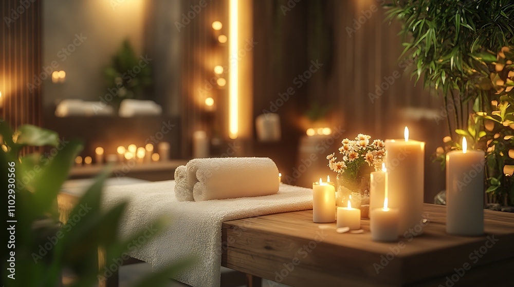 A luxurious spa treatment table surrounded by flickering candles, soft towels, and fresh flowers, with calming earthy tones, natural wooden details, and dim lighting enhancing the serene environment, A luxurious spa treatment table surrounded by flickering candles, soft towels, and fresh flowers, with calming earthy tones, natural wooden details, and dim lighting enhancing the serene environment,