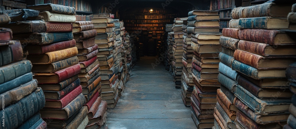 A narrow passage lined with shelves of old books, creating a cozy reading atmosphere. A narrow passage lined with shelves of old books, creating a cozy reading atmosphere.