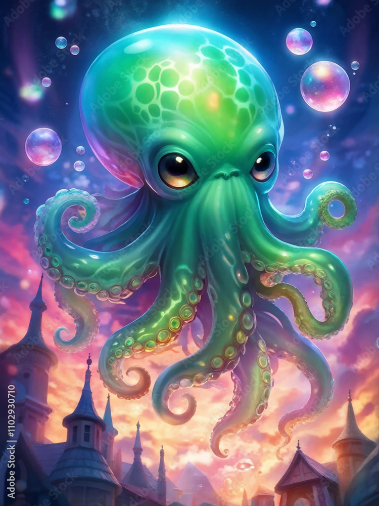 Adorable Cthulhu Floating Among Shimmering Soap Bubbles Adorable Cthulhu Floating Among Shimmering Soap Bubbles
