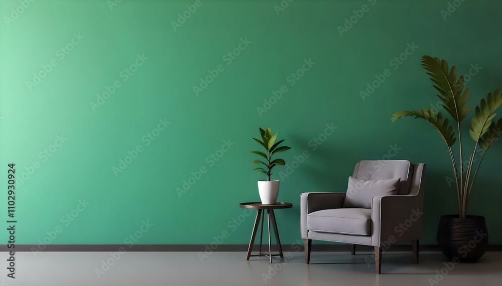 A modern living room with a gray sofa, a metal side table with a potted plant , and a green wall in the background A modern living room with a gray sofa, a metal side table with a potted plant , and a green wall in the background