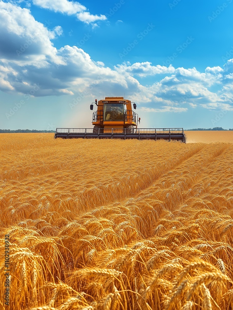 Obraz premium AI generator image of combine harvester, harvesting rice in a golden paddy field, close-up of harvester, harvest scene with grain spilling out of the machine, cart loaded with rice.