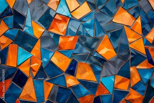 Vibrant abstract backdrop with interlocking orange and blue mosaic patterns, creating a dynamic, textured appearance with geometric precision and depth. photo