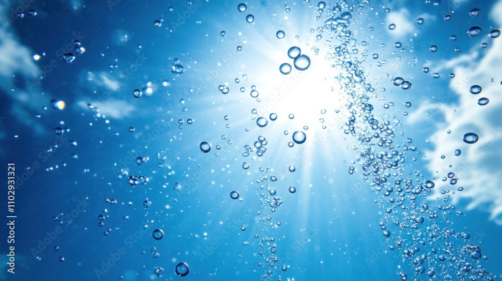 A vibrant underwater scene with bubbles and sunlight filtering through water.