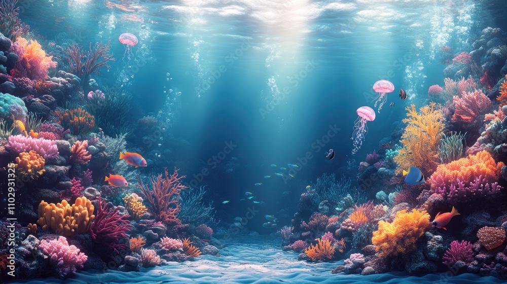 Fototapeta premium A vibrant underwater scene featuring colorful corals, jellyfish, and various fish.