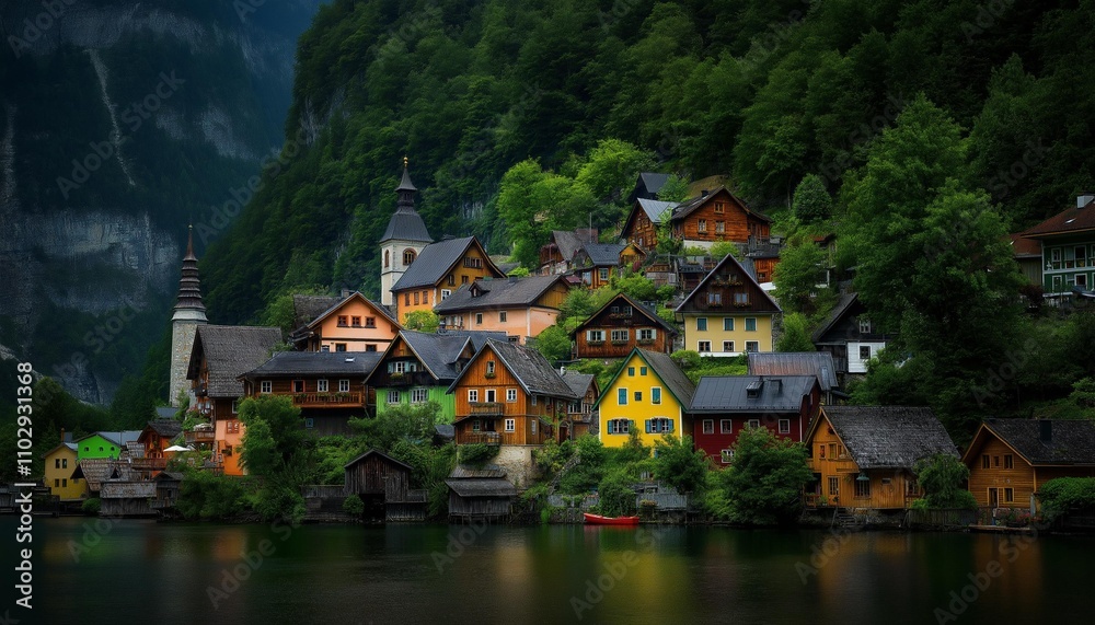 Obraz premium ai generated image of tranquil coastal village with colorful houses, fishing boats anchored in the harbor, soft morning light casting a serene glow