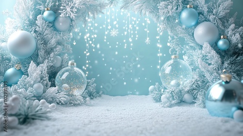 Enchanting Winter Wonderland Festive Christmas Background with Silver and Blue Ornaments