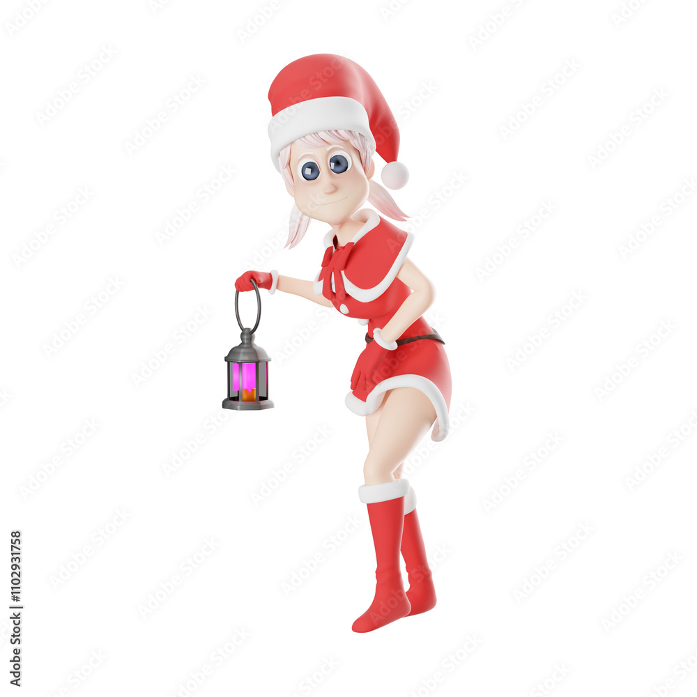 Santa Claus Girls Cartoon Character. A female Santa Claus master walks slowly while carrying a lantern in her right hand while her left hand is in front of her body. 3D Artistic Design Santa Claus Girls Cartoon Character. A female Santa Claus master walks slowly while carrying a lantern in her right hand while her left hand is in front of her body. 3D Artistic Design
