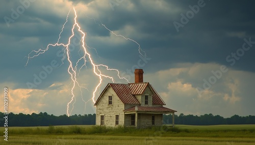 AI generator image of heavy lightning hitting a farm house during daytime, sunflower field on rolling hills,old decrepit barn in background,huge old windmill 