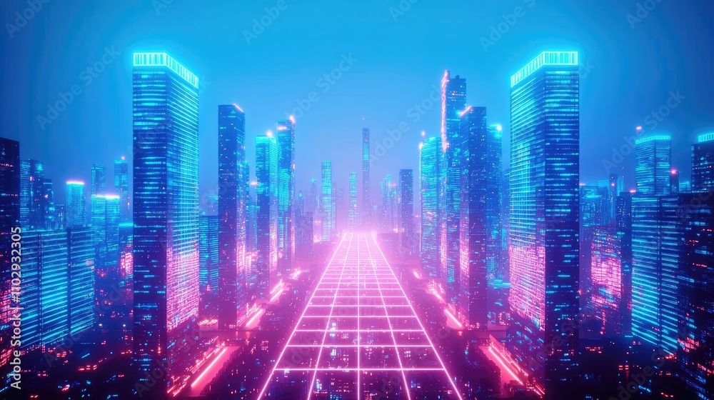 Futuristic cityscape with neon lights and grid patterns, digital art concept Futuristic cityscape with neon lights and grid patterns, digital art concept