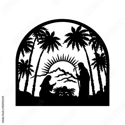 Holy Night silhouette - Nativity scene of baby Jesus silhouette in a manger with Mary and Joseph with the three wise men. Christian Christmas silhouette of animals. Illustration for children.