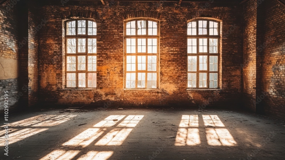 A sunlit, empty room with large windows and brick walls, creating a serene atmosphere. A sunlit, empty room with large windows and brick walls, creating a serene atmosphere.