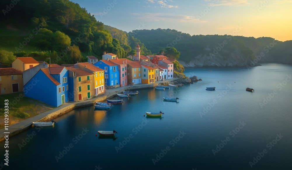 Obraz premium ai generated image of tranquil coastal village with colorful houses, fishing boats anchored in the harbor, soft morning light casting a serene glow