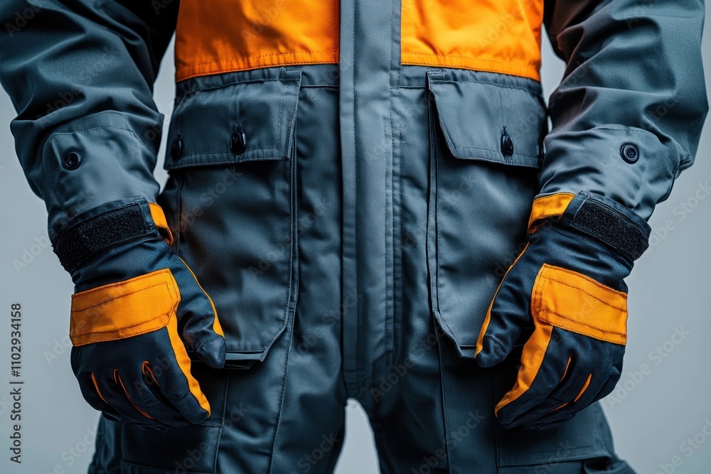 A close-up of a person wearing a gray and orange protective suit and gloves. A close-up of a person wearing a gray and orange protective suit and gloves.