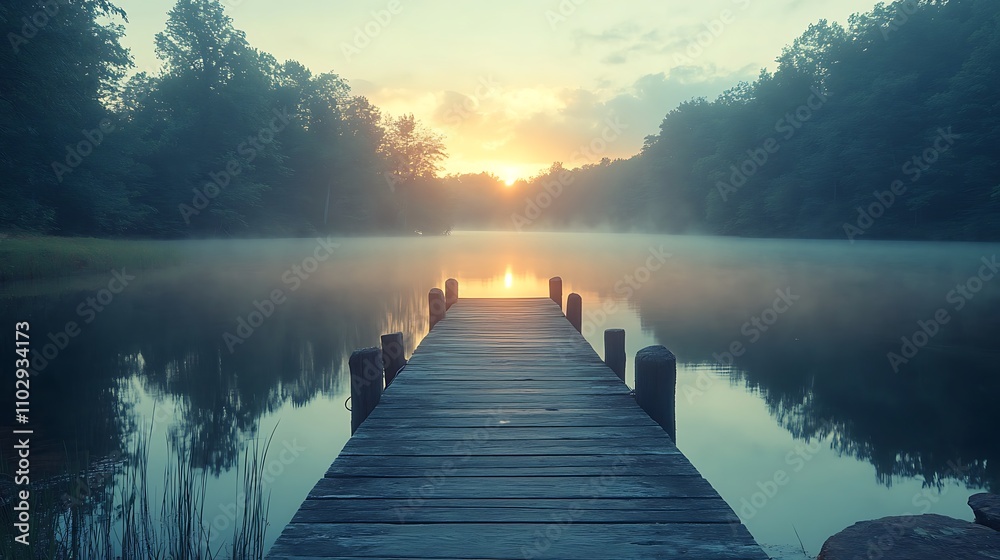 Fototapeta premium A peaceful lakeside view with a weathered wooden dock stretching into the still water, reflecting the soft hues of the sunset, gentle mist rising above the surface, hd quality, serene and timeless.