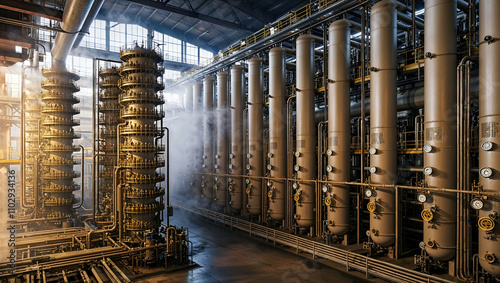 Industrial facility with towering columns and steam rising in a manufacturing plant