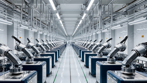 Robotic arms arranged in a modern automated manufacturing facility during daytime operations